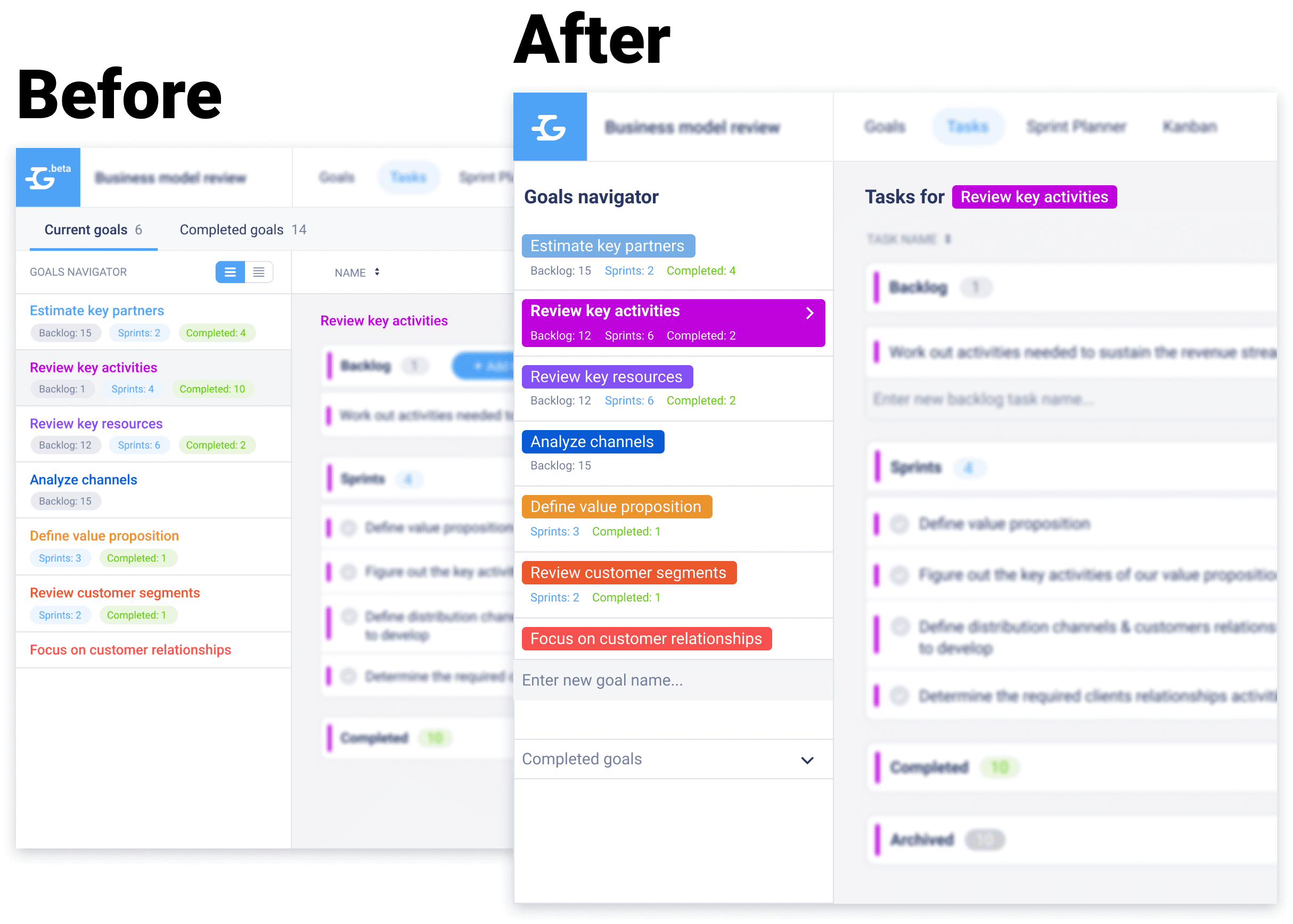 Screenshot of the Goals app before and after UI improvements