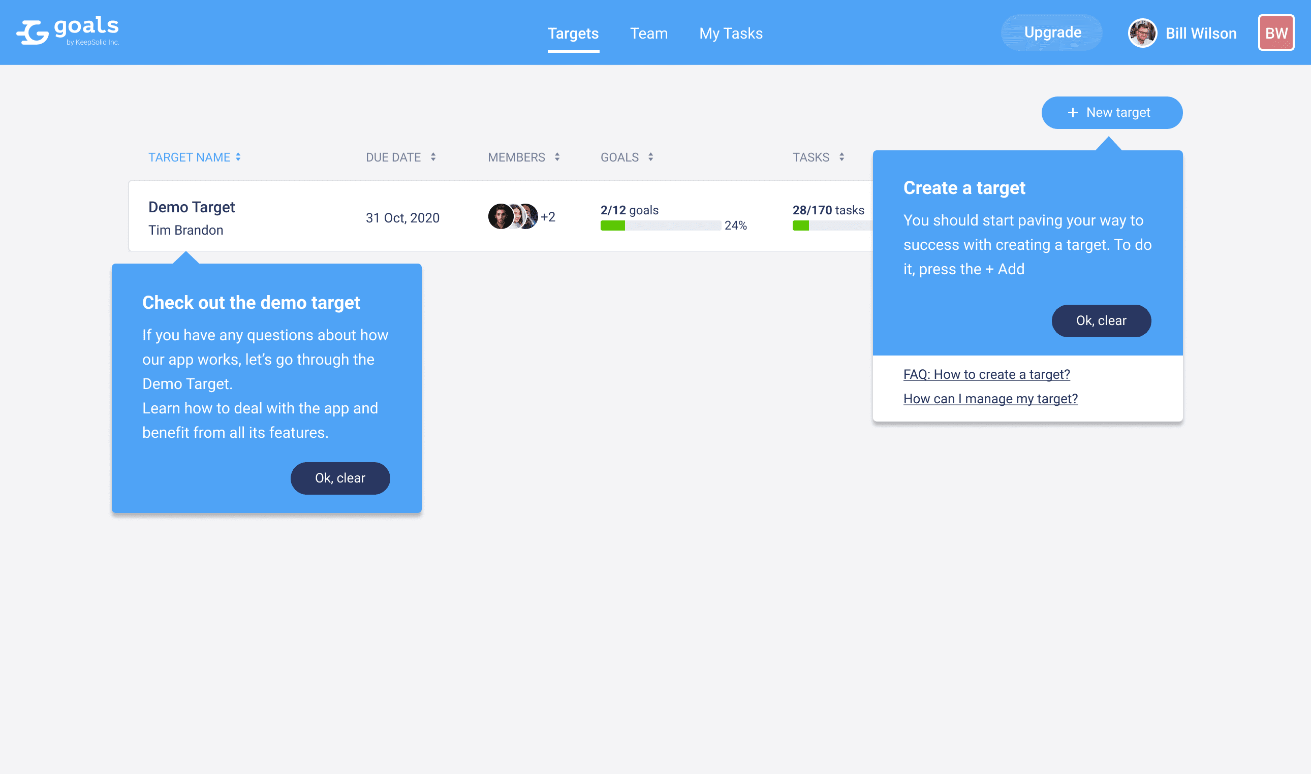 Screenshot of Goals with Demo Target and onboarding