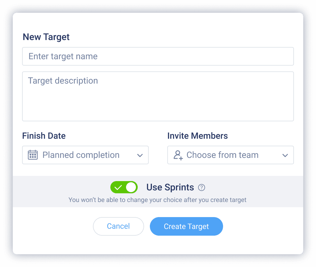 Screenshot of the Goals app showing how to create target with or without sprints